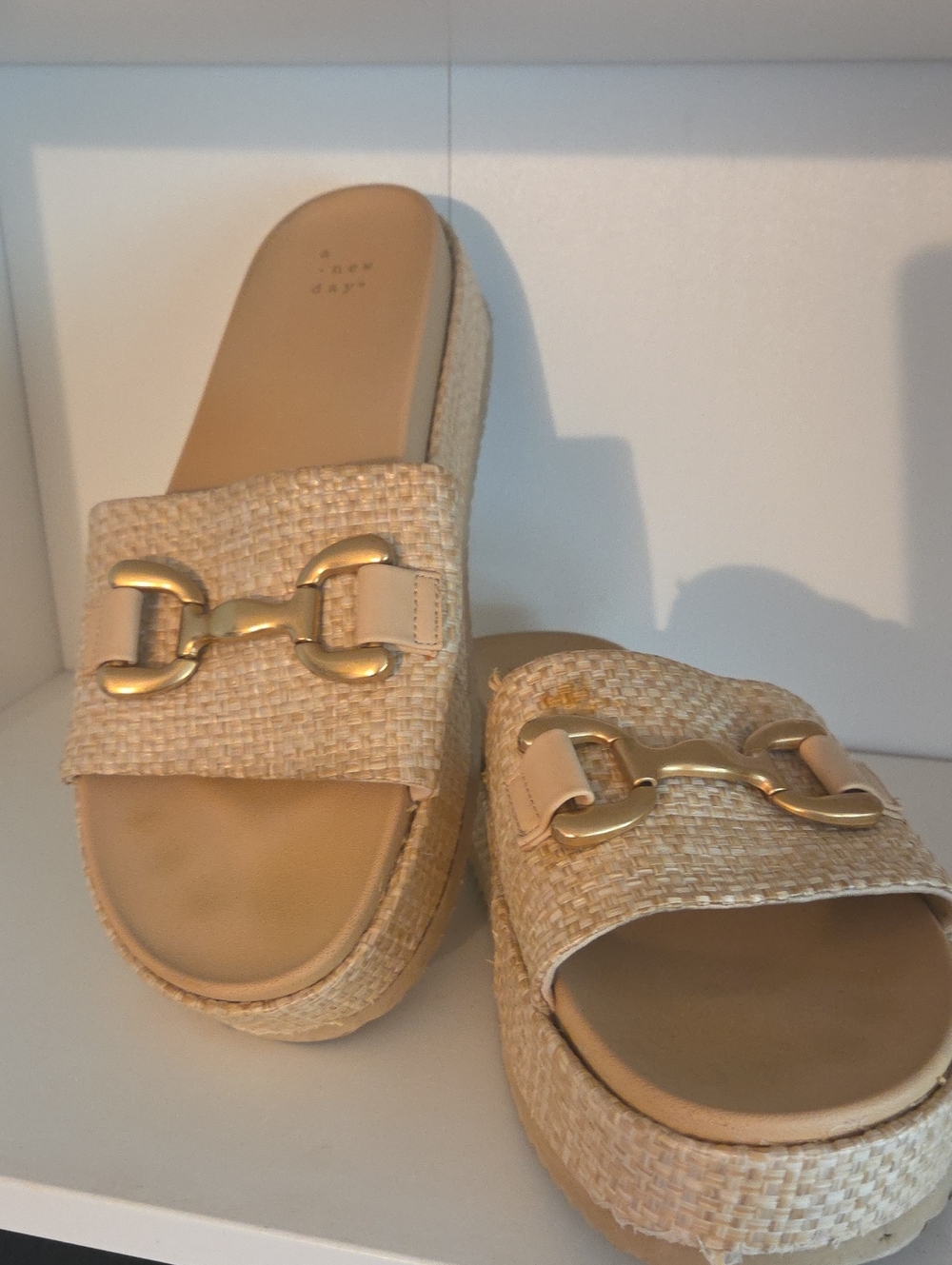a new day Beige Woven Slide Sandals with Gold Horsebit